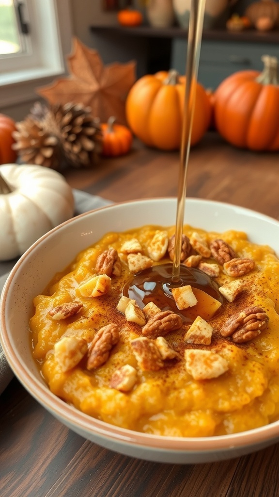 A bowl of pumpkin spice oatmeal with nuts and maple syrup in a cozy kitchen setting.